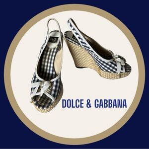 DOLCE & GABBANA NAVY BLUE WHITE GINGHAM PRINT WEDGE SHOES 37-7